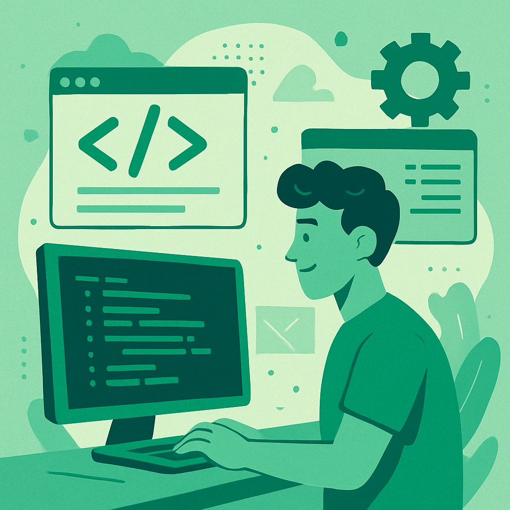 Botond working at his desk with multiple monitors showing code
